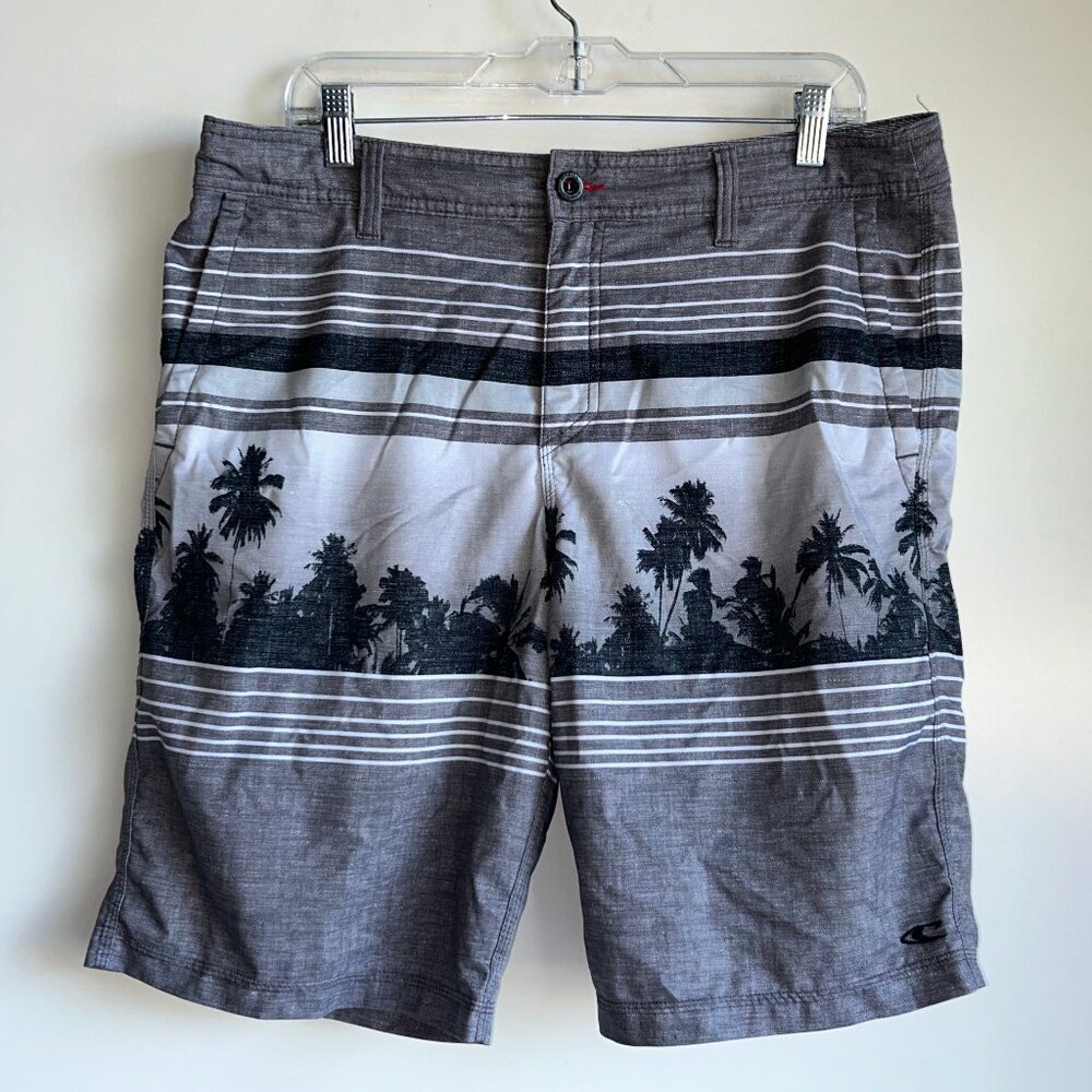 O'NEILL Hybrid Gray Palm Tree Print Flat Front Board Shorts Size 36